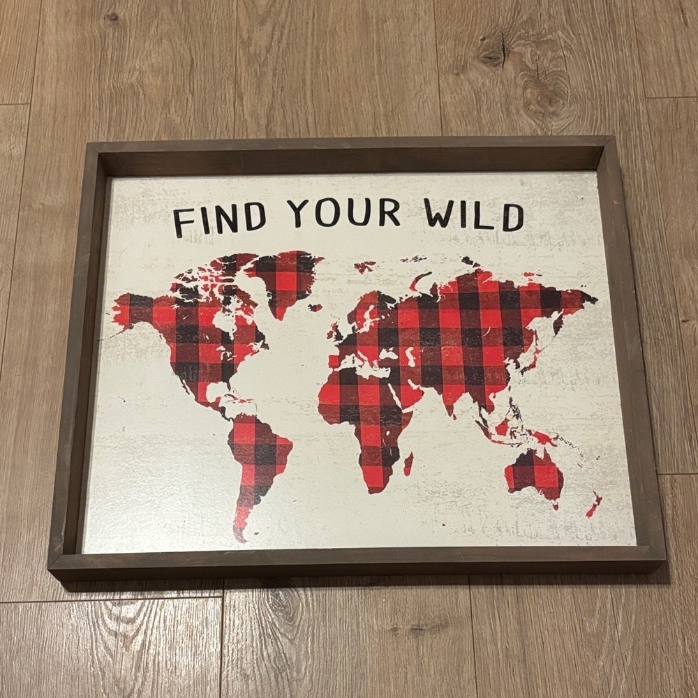 Plaid World Map Wall Art - Red and Black